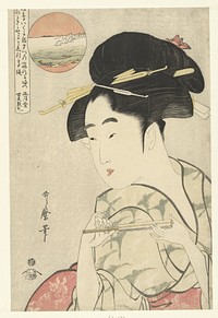 Busteportret van jonge vrouw met waaier (1793 - 1797) by Kitagawa Utamaro, Shogatsudo Minamoto Atsumaru and Tsutaya Juzaburo Koshodo