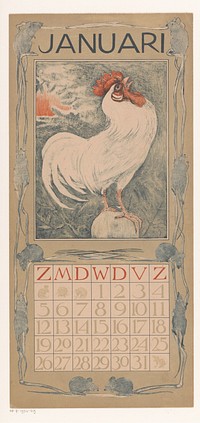 Kalenderblad januari met witte haan (1901) by Theo van Hoytema, Gebroeders Braakensiek and Theo van Hoytema