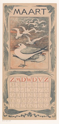 Kalenderblad maart met meeuwen (1901) by Theo van Hoytema, Gebroeders Braakensiek and Theo van Hoytema