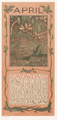 Kalenderblad april met een hagedis (1901) by Theo van Hoytema, Gebroeders Braakensiek and Theo van Hoytema