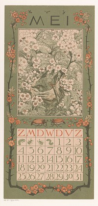 Kalenderblad mei met vogel tussen bloesem (1901) by Theo van Hoytema, Gebroeders Braakensiek and Theo van Hoytema