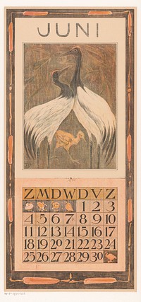Kalenderblad juni met twee vogels en een kuiken (1904) by Theo van Hoytema, Tresling and Comp and Theo van Hoytema