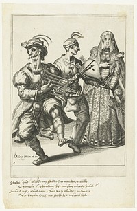 Een gesluierde dame en twee gemaskerde muzikanten (1595 - 1596) by Jacques de Gheyn II, Zacharias Dolendo, Jacques de Gheyn II and Jacques de Gheyn II