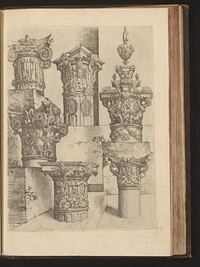 Zes composiete kapitelen gedecoreerd met harpijen, guirlandes en rolwerk (1593 - 1595) by Wendel Dietterlin I and Bernhard Jobin