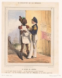 Karikatuur van een man met een krant (1843) by Edouard de Beaumont, Aubert and Cie and Pannier and Cie