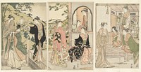 Yoshitsune een serenade brengend aan Joruri hime (1783 - 1787) by Torii Kiyonaga and Nishimura Yohachi