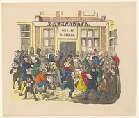 Groep mensen de krant lezend voor een boekhandel (c. 1890) by anonymous