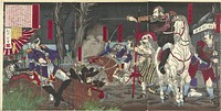 De nederlaag van de opstandelingen te Kagoshima (1877) by Yoshimune II  Utagawa, Matsuki Tomekichi, Miyoshi Shojo, Tsuda Genshichi and Kajimo Shujiro