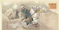 Ondanks de onlogische strategie van generaal Kuropatkin bij de slag van Shaho en de verpletterende nederlaag van zijn leger, vecht hij dapper door. (1904) by Gessan and Matsuki Heikichi