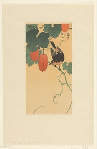 Zangvogel op plant met rode vruchten (1900 - 1930) by Ohara Koson