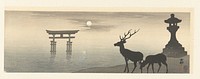 Landschap met torii en herten (1900 - 1910) by Ohara Koson and Akiyama Buemon