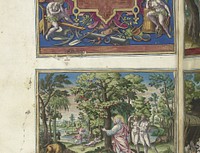 Ornamentele lijst met Adam en Eva (1583) by Johann Sadeler I, Maerten de Vos, Johann Sadeler I, Johann Sadeler I, Francesco Maria II della Rovere Duke of Urbino and Johann Sadeler I