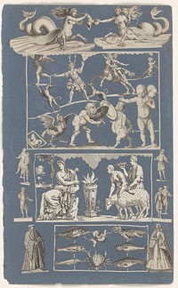 Collage van uitgeknipte prenten geplakt op albumblad van blauw papier (c. 1690 - 1720) by Michael Snijders, anonymous, Hendrick Goltzius and Arent van Bolten
