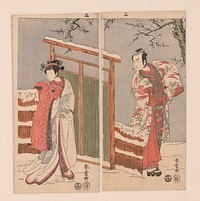 Minamoto no Yoritomo en Yuki Onna in de sneeuw. (1770) by Katsukawa Shunsho