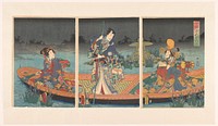 Vijandelijke golven naderen de moderne prins Genji (1860) by Utagawa Kunisada I, Yokogawa Takejiro and Daikokuya Heikichi