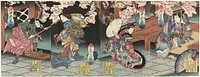 Vier toneelspelers onder kersenbloesem (c. 1841) by Sadanobu I  Hasegawa, Kinkado Tenki, Kumazô and Nao