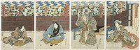 Vier toneelspelers bij een herfstbloemen tentoonstelling (1837) by Sadamasu II  Utagawa, Tenmaya Kihei and Kumazô