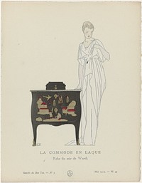 Gazette du Bon Ton, 1914 - No. 5, Pl. 49: La Commode en Laque. / Robe du soir de Worth. (1914) by Bernard Boutet de Monvel, anonymous, Worth and Lucien Vogel