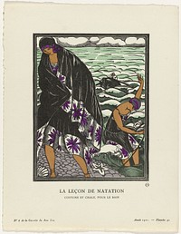 Gazette du Bon Ton, 1921 - No. 6, Pl. 41: La leçon de natation / Costume et chale, pour le bain (1921) by Fernand Siméon, anonymous, Lucien Vogel, Condé Nast Publisher, Naville et Cie, Rodriguez Giles and Cia and Imprimerie Studium