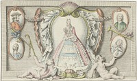 Staande vrouw, twee putti en vier medaillons (1730) by anonymous