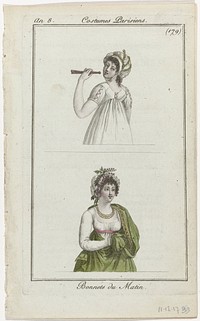Journal des Dames et des Modes, Costume Parisien, 11 décembre 1799, An 8 (179) : Bonnets du Matin (1799) by anonymous and Pierre de la Mésangère