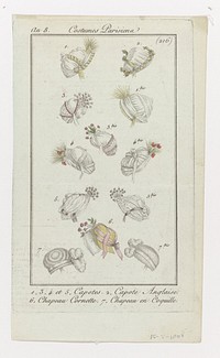 Journal des Dames et des Modes, Costume Parisien, 15 mai 1800, An 8, (216) : 1, 3, 4 et 5, Capotes (...) (1800) by anonymous and Pierre de la Mésangère