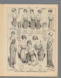 Au Louvre, Paris: Lundi 2 Mars: Nouveautés d'été:  pagina 11: pagina met  verschillende corsetten en onderjurken (c. 1913 - c. 1915) by anonymous