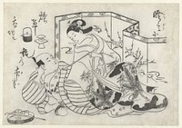 Japanse man en vrouw, rokend voor een kamerscherm (c. 1690 - c. 1715) by Okumura Masanobu and Sugimura Jihei