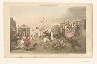 Doctor Syntax rijdt met zijn paard in op een koets en een vrouw met ezel (1821) by Thomas Rowlandson, Thomas Rowlandson and Rudolph Ackermann