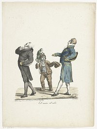 Man en zijn bediende lopen hooghartig langs bedelende jongen (1818 - 1830) by Edme Jean Pigal, Pierre Langlumé, Noël and Noël and Dauty