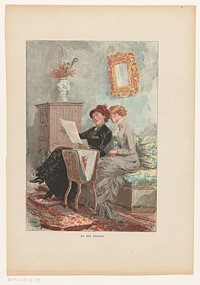 Interieur met twee vrouwen die prenten of tekeningen bekijken (1881) by Gillot, Adrien Emmanuel Marie, Lahure and Ludovic Baschet