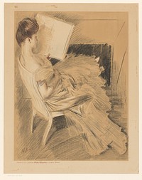 Lezende vrouw in een stoel (1884 - 1927) by Paul César Helleu and Imprimerie de la Société des artistes lithographes français