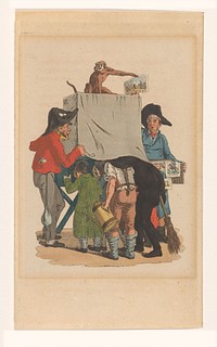 Figuren rond een kijkkast met een aap (1808) by anonymous