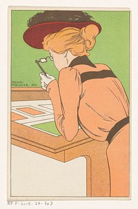 Een vrouw met een hoed en een lorgnet bekijkt prenten die in een vitrine liggen (1900) by anonymous, Marc Henry Meunier and Joseph Henri Georges Meunier