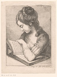 Lezende jonge vrouw aan een tafel, haar elleboog rustend op een boek (1770) by Angelica Kauffmann