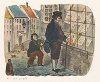 Zakkenroller besteelt een man die voor de etalage van een prenthandel staat (c. 1825 - 1875) by anonymous
