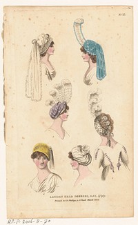 Magazine of Female Fashions of London and Paris, No. 15: London Head Dresses, May, 1799 (1799) by Richard Phillips
