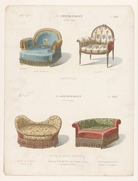 Twee fauteuils en twee poefen (1885 - 1895) by Léon Laroche, Becquet frères, Eugène Maincent and Désiré Guilmard