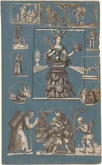 Collage van uitgeknipte prenten geplakt op albumblad van blauw papier (c. 1650 - c. 1700) by diverse vervaardigers