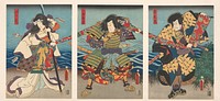 Drie kabuki acteurs trekkend aan een rode banier (1854) by Utagawa Kunisada I and Ebisuya Shôshichi