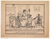 Gezin kijkt verschrikt op van het diner (in or before 1930) by T A J Vermeulen