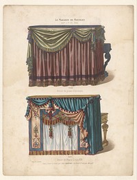 Twee piano's met draperieën (in or before 1878 - in or after 1904) by anonymous, Victor Joseph Quétin, Victor Joseph Quétin and Victor Joseph Quétin