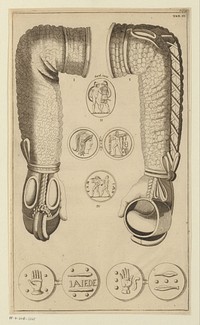 Compositie met twee armen, munten en een gem (1700 - 1799) by anonymous