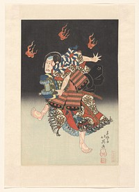 Nakamura Shikan II als de vos (kitsune) Genkurô in het toneelstuk ‘Hanayagura hitome senbon’, Naka Theater (1835) by Shunbaisai Hokuei, Kuma Yashichi, O Toyosaburo and Kinkado Konishi
