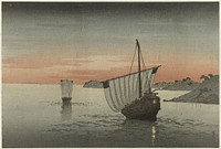 Twee zeilschepen langs de kust (c. 1890 - c. 1900) by Yoshimune II  Utagawa
