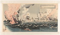 De overwinning van de Japanse marine na een hevige zeeslag nabij Dagushan (1894) by Utagawa Kokunimasa and Fukuda Kumajirô