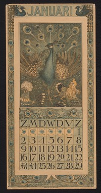 Kalenderblad voor januari 1910 met pauw en hoenders (1909) by Theo van Hoytema, Theo van Hoytema and Tresling and Comp