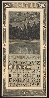 Kalenderblad voor november 1907 met trekvogels in een nachtlandschap (1906) by Theo van Hoytema, Theo van Hoytema and Tresling and Comp