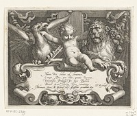 Titelprent met kind tussen getemde leeuw en roofvogel bovenop schild met vers (1632) by Boëtius Adamsz Bolswert, Abraham Bloemaert, Claes Jansz Visscher II and G Rijckius