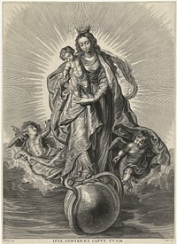 Maria met kind op wereldbol, de duivel vertrappend (1596 - 1709) by anonymous, Schelte Adamsz Bolswert, Peter Paul Rubens and C Galle